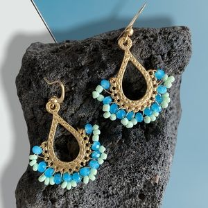 HAND-BEADED TEARDROP DANGLE HOOK EARRINGS AQUA GOLD LT GREEN HIPPIE FESTIVAL NEW